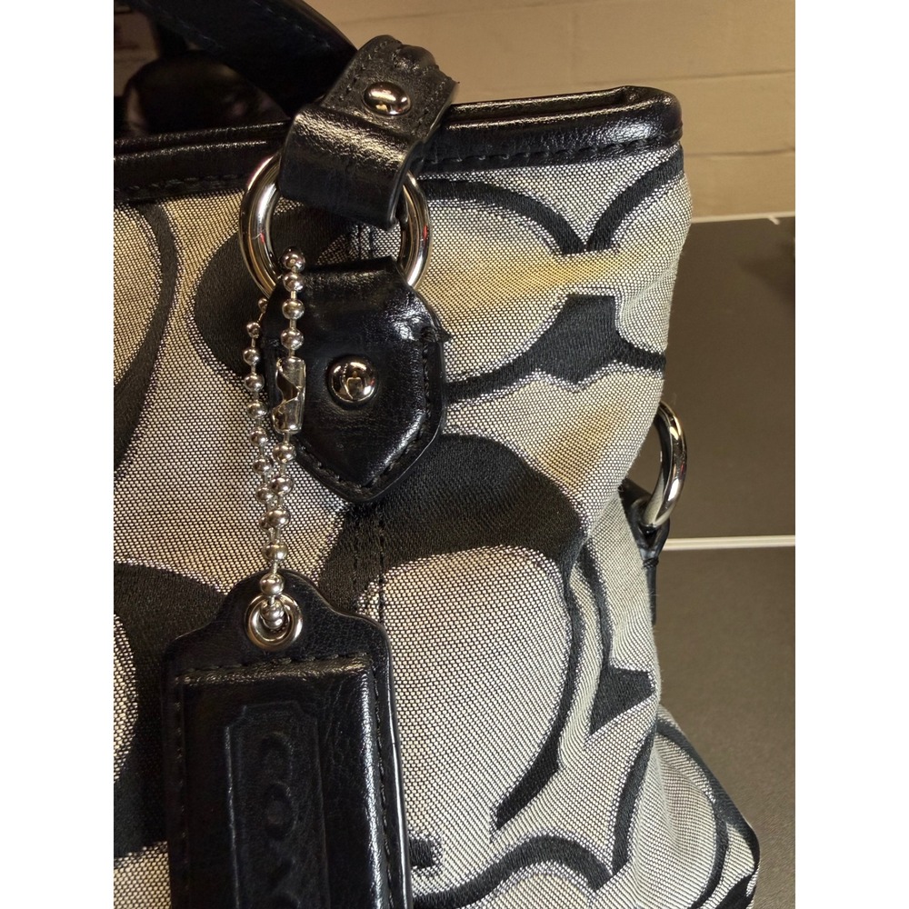 Coach Signature Jacquard Tote Bag Black Grey Monogram Leather Trim Zip Top - Picture 6 of 16